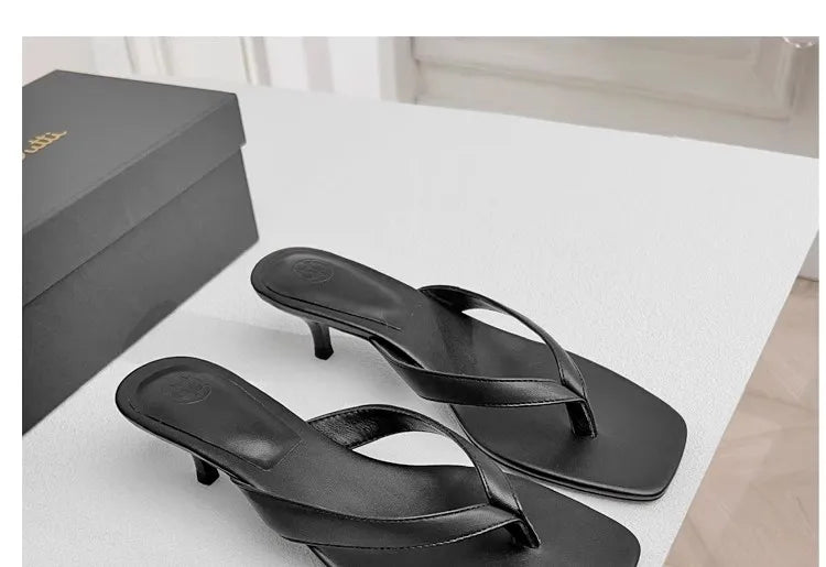 2024 Spring Summer Fashion New Women Genuine Leather Mid Heel Flip-flops Slippers Versatile Simple Shoes Female Chic