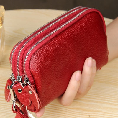 Women Long Wallet Genuine Leather 3-Layer Zipper Purse Bag Large Capacity Wristlet Clutch Wallets Phone Bag Money Purses