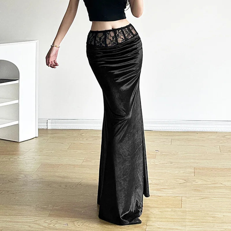 Goth Dark Elegant Mall Gothic Velvet Trumpet Skirts Y2k Partywear Lace Patchwork Sexy Long Skirt Ladies Evening Black Slim Cloth