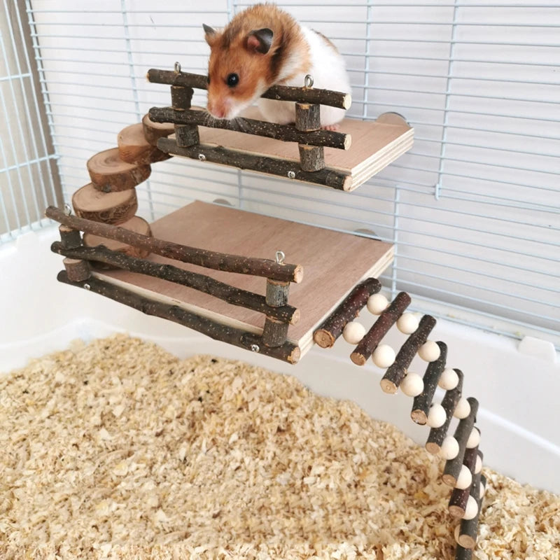 Hamster Wood Playground Activity Platform with Wooden Ladder Stairs Chew Toy Natural Hideout for Rat Gerbil Small Animal Pet Toy