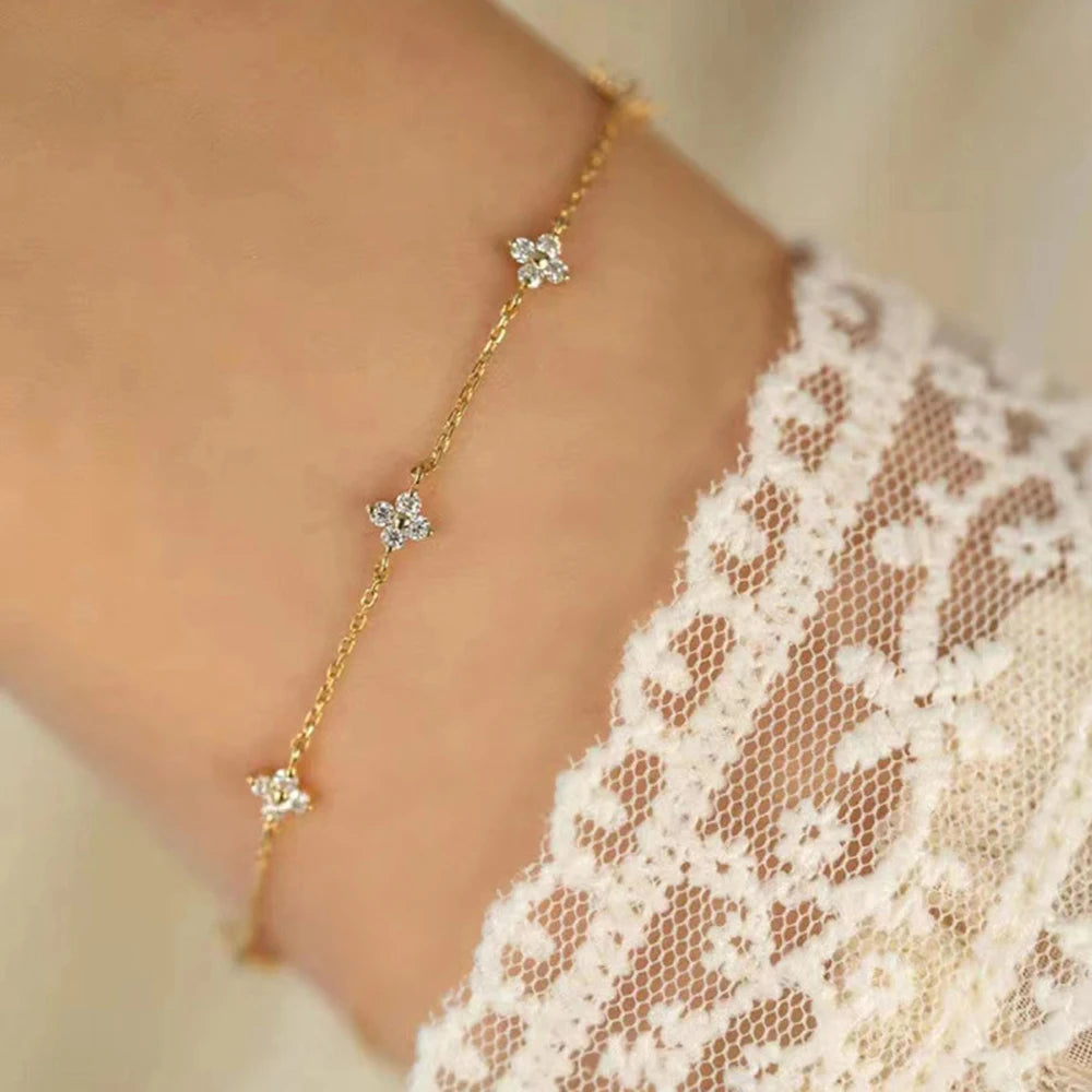 Waterproof Gold Silver Mini Zircon Flower Pendant Bracelet Chain for Women's Fine Jewelry Gifts Luxury Female Bracelets Bangles