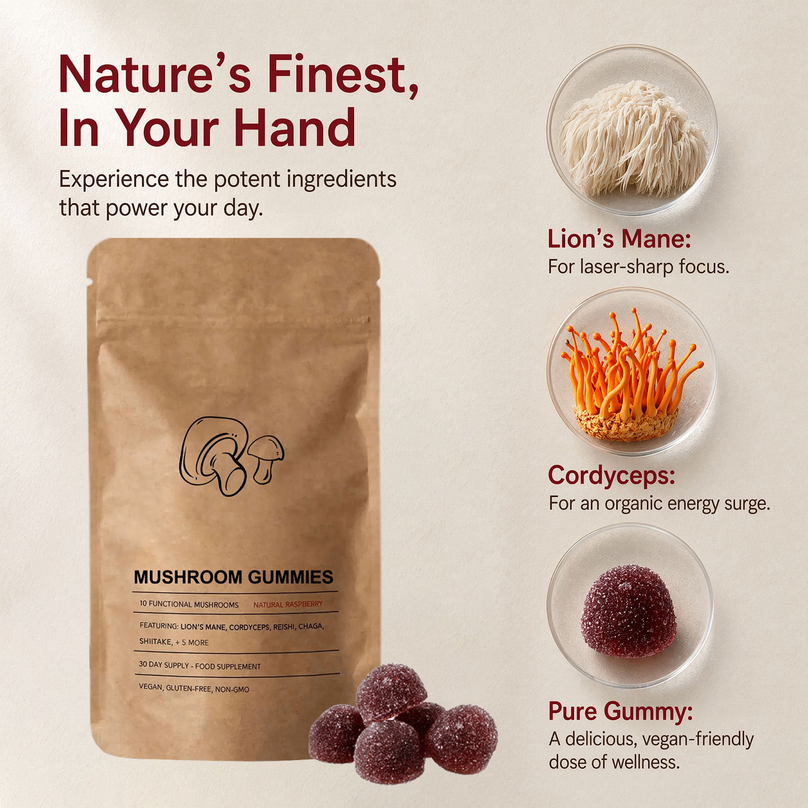 10-in-1 Mushroom Gummies High Strength 2500mg, Vegan Multi Mushroom Complex with Lion’s Mane, Reishi, Chaga, Shiitake ,10 Varieties, Vegan Mushroom Gummies for Women & Men, 60 Gummies