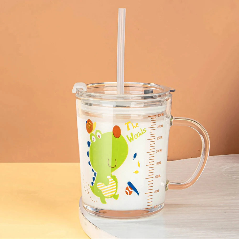 350ml Cute Children Milk Glass Cup With Straw And Lids Cartoon Transparent Breakfast Cup With Scale For Kids Student Water Cup