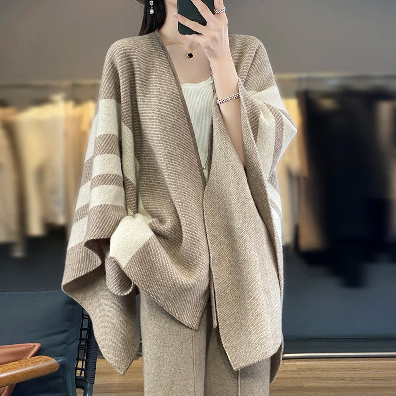 2024 Autumn/Winter New Striped Shawl Women's Sweater V-neck Jumper Knitted Sweater Holiday Retro Cape Sleeve Warm Big Shawl