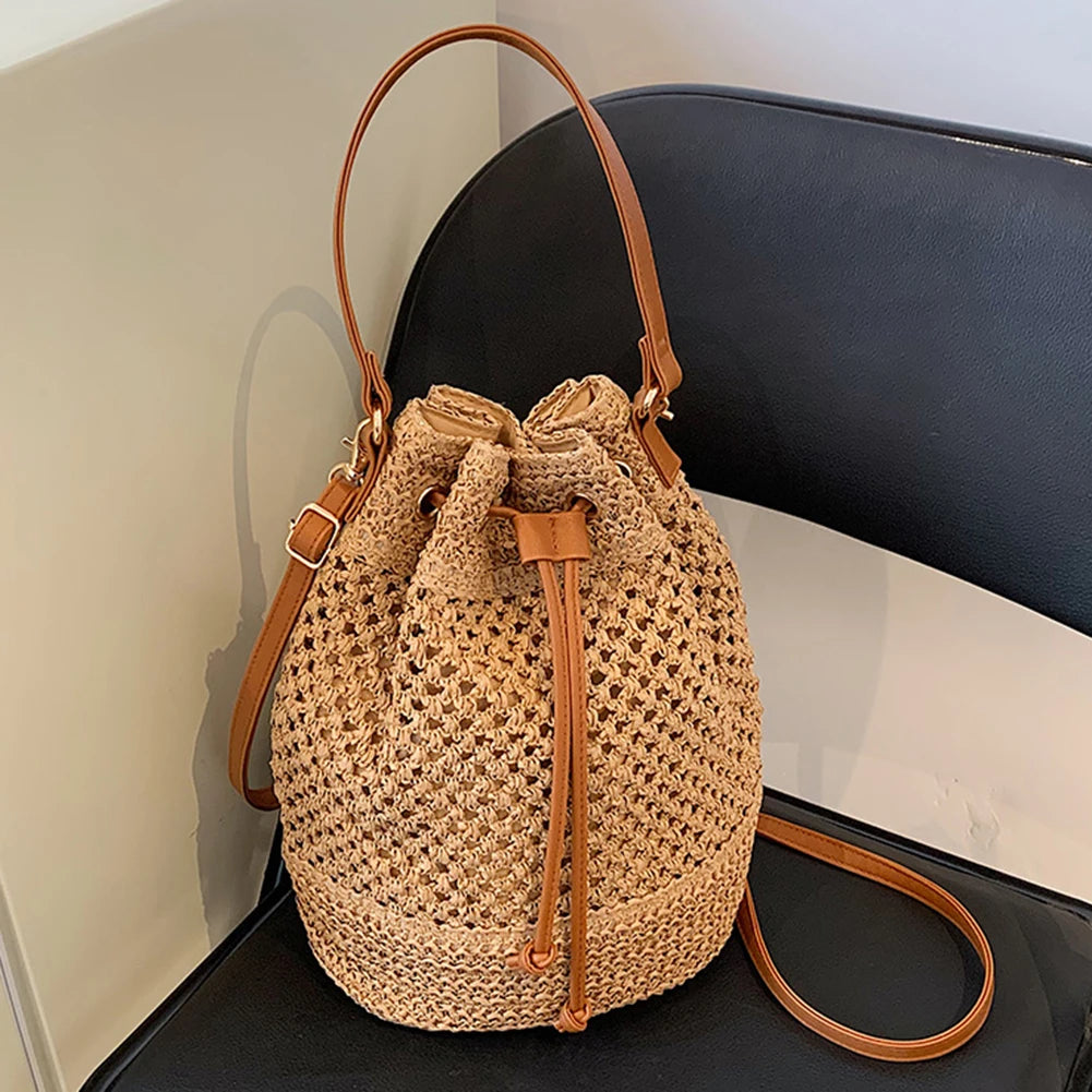 Summer Straw Shoulder Bags Drawstring Women's Straw Bucket Bag Purse Raffia Woven Straw Handbags Casual Boho Beach Crossbody Bag