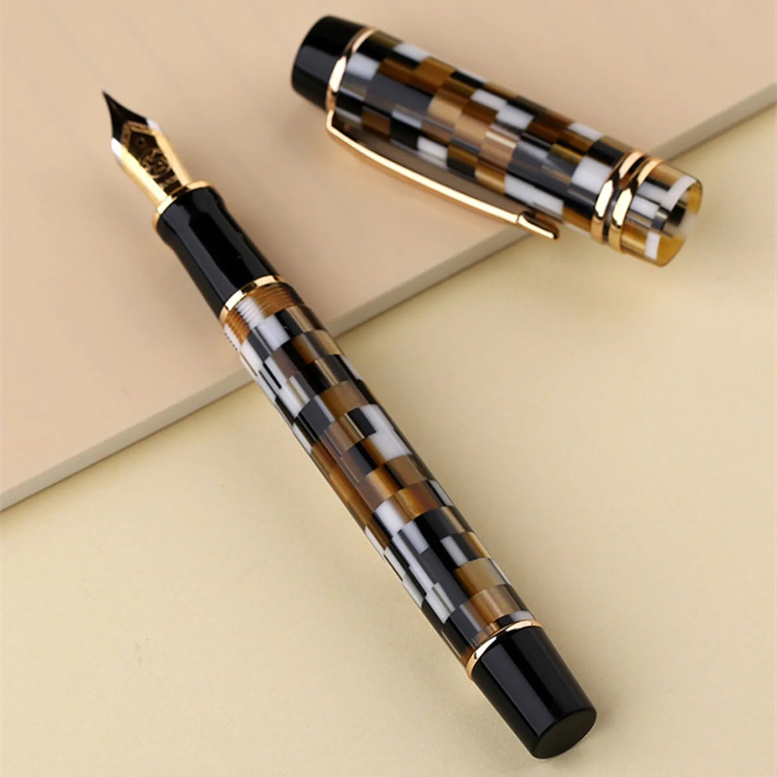 MAJOHN M600 Resin Fountain Pen with Converter Checkerboard BOCK Nib 0.5 Mm Writing Ink Pens School Supplies Stationery Gift Pen