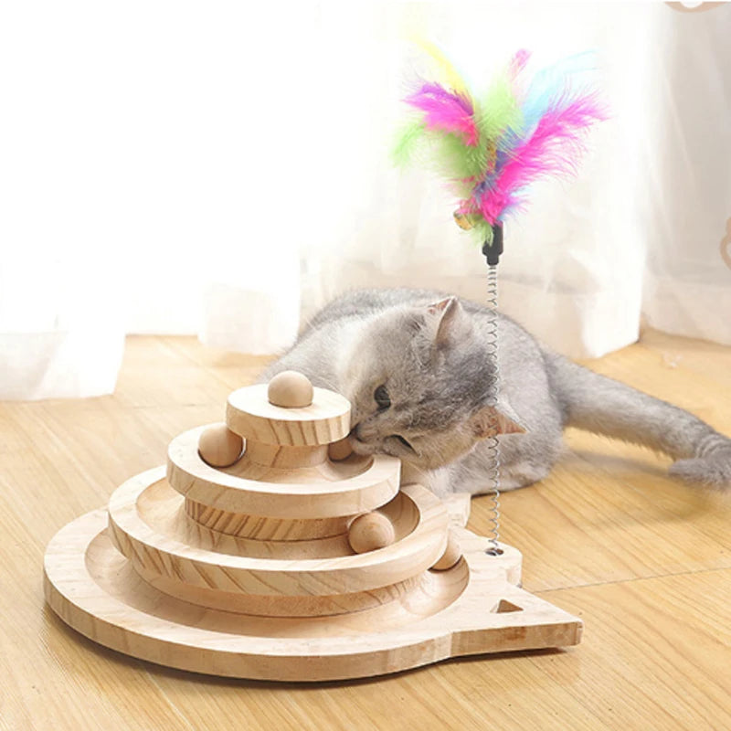 Wooden 2/3 Levels Pet Cat Toy Tower Tracks Disc Cat Intelligence Amusement Triple Play Disc Cat Toys Ball Training Toys