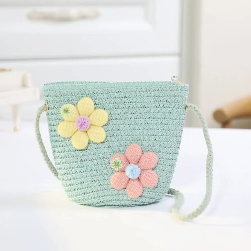 Girl Zipper Flower Straw Bag Cute Photo Props Handmade Woven Kid Messenger Bags Storage Basket Coin Purse Crossbody Handbag