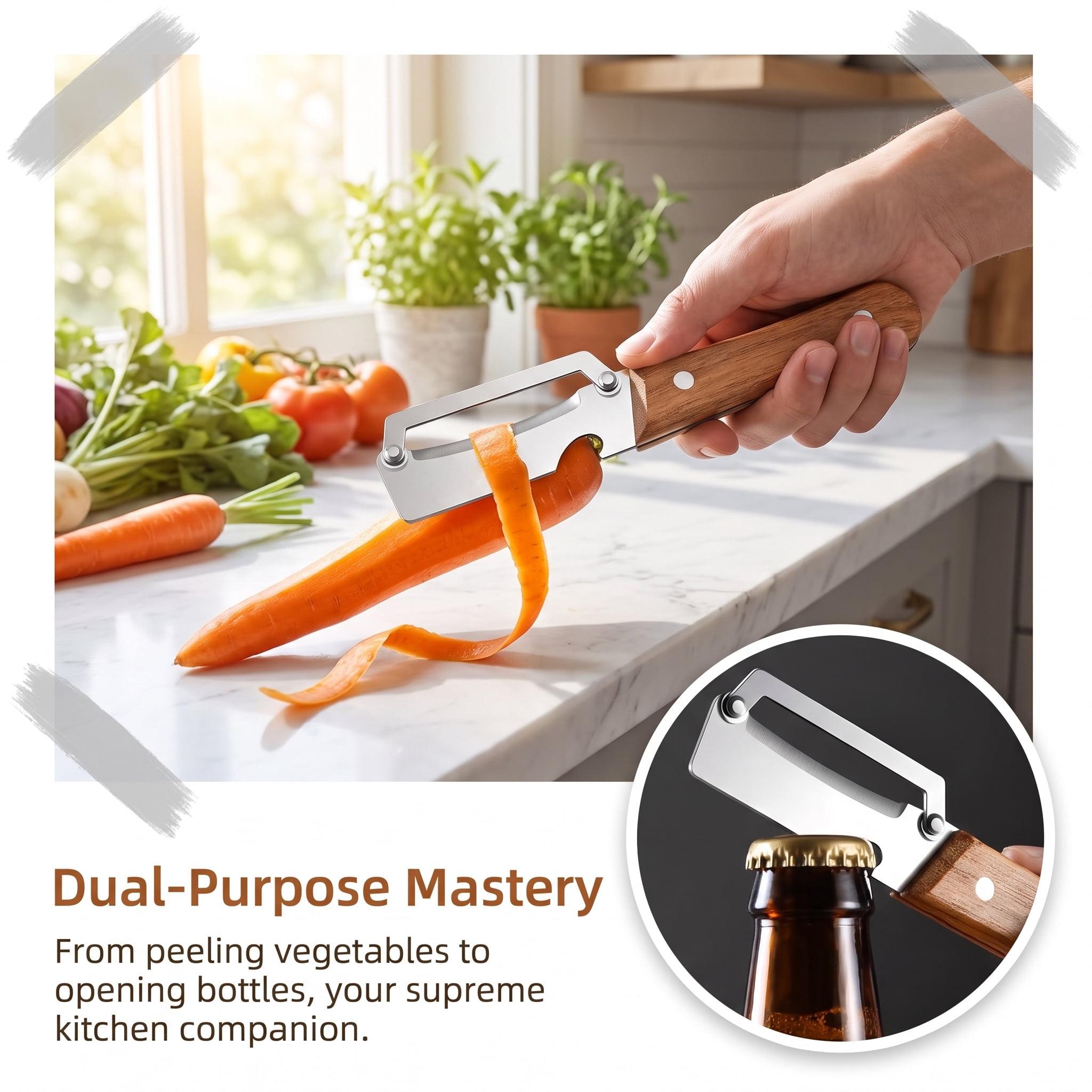 Multifunctional Vegetable Peeler, Wooden Handle Sharp Stainless Steel Blade, 2-in-1 Peeler with Bottle Opener for Potato Apple Pumpkin