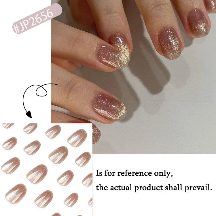 Nude Pink Glitter Cat Eye Nail Art Wearable Solid Color Fake Nails Detachable Finished False Nails Press on Nails with Glue