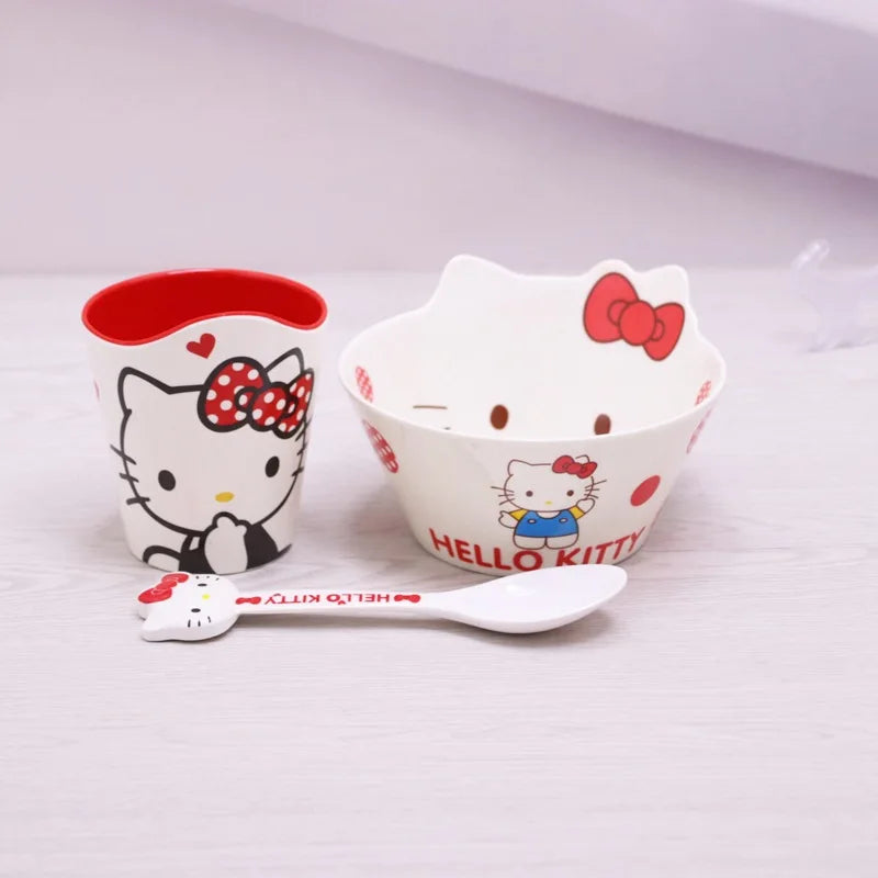 Sanrio Kawaii Hello Kitty Cat Face Plate Child Cutlery Set Bowl Chopsticks Spoon Fall Resistance Have A Meal 2-14 Years Old Cute