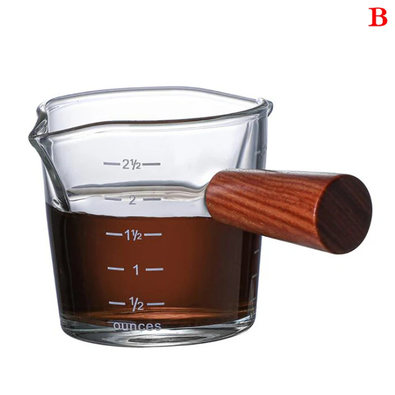 50ml 80ml 100ml Wood Handle Glass Espresso Measuring Cup Double/Single Mouth Milk Jug Coffee Supplies Clear Kitchen Measure Mug