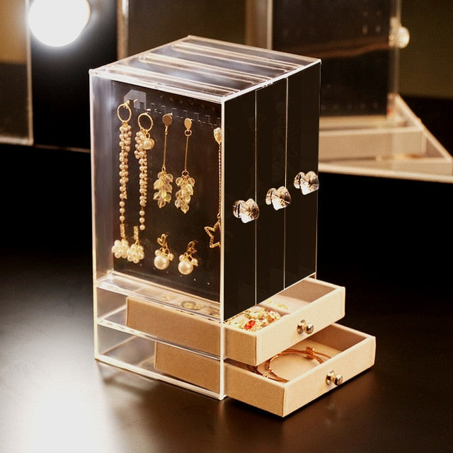 Portable Earrings Ring Display Stand Shelf Dustproof Acrylic Jewelry Storage Box Drawer Women Necklace Bracelet Organizer Case