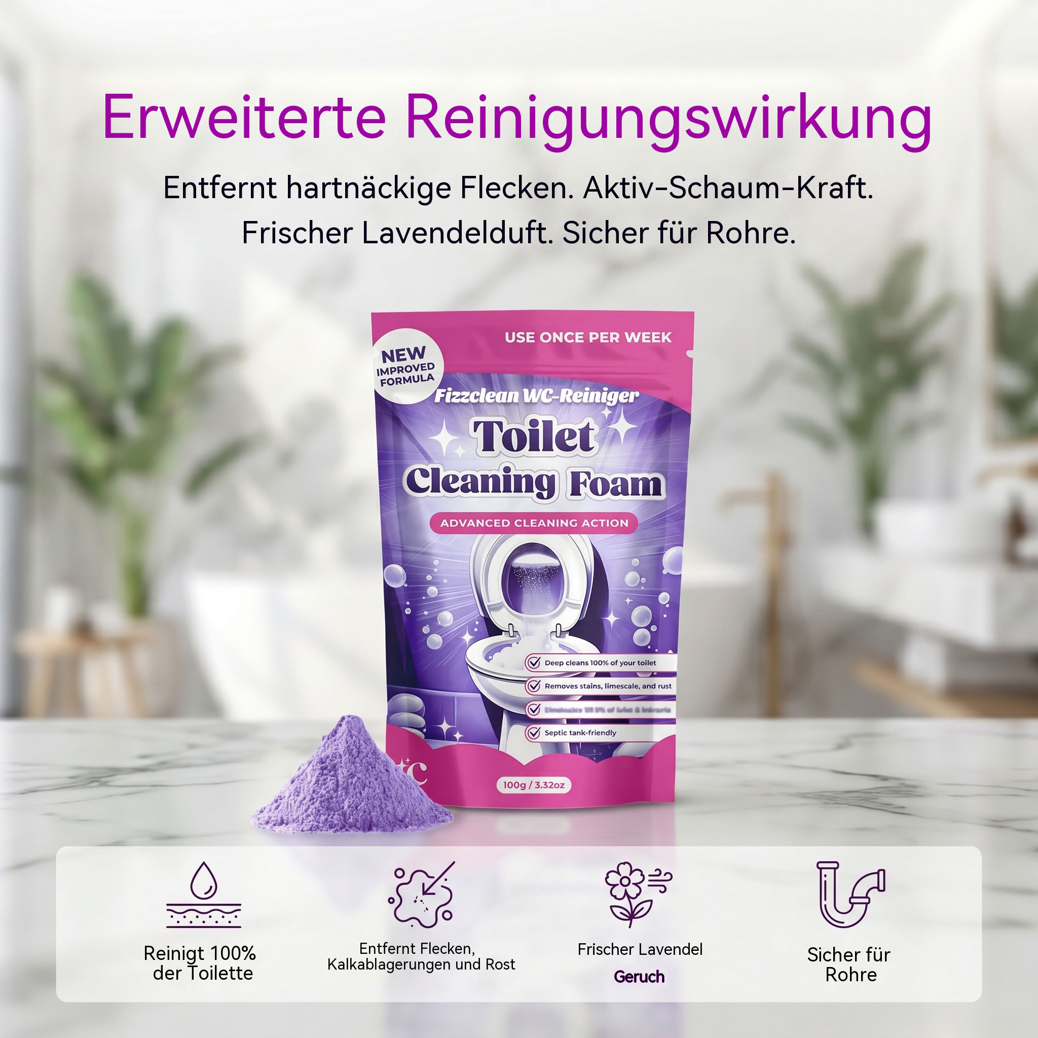 Fizzclean Wc-Reiniger Original, 2026 Neu Fizzclean WC Schaumreiniger, Toilettenschaum Extra Stark Reinigung, Lavendelgeschmack, 100g