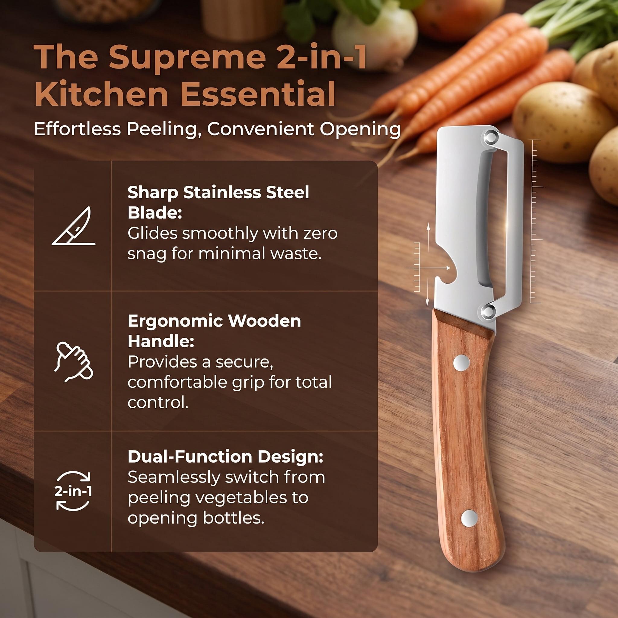 Multifunctional Vegetable Peeler, Wooden Handle Sharp Stainless Steel Blade, 2-in-1 Peeler with Bottle Opener for Potato Apple Pumpkin