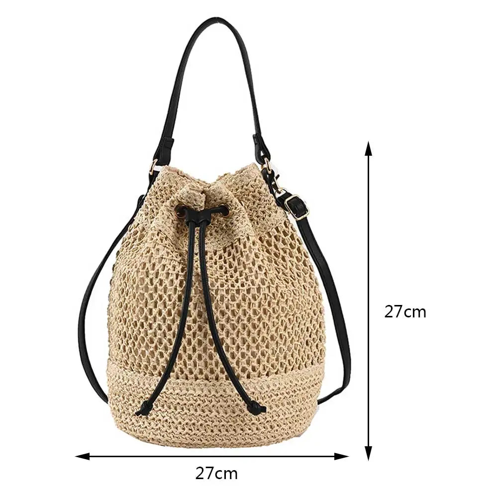 Summer Straw Shoulder Bags Drawstring Women's Straw Bucket Bag Purse Raffia Woven Straw Handbags Casual Boho Beach Crossbody Bag