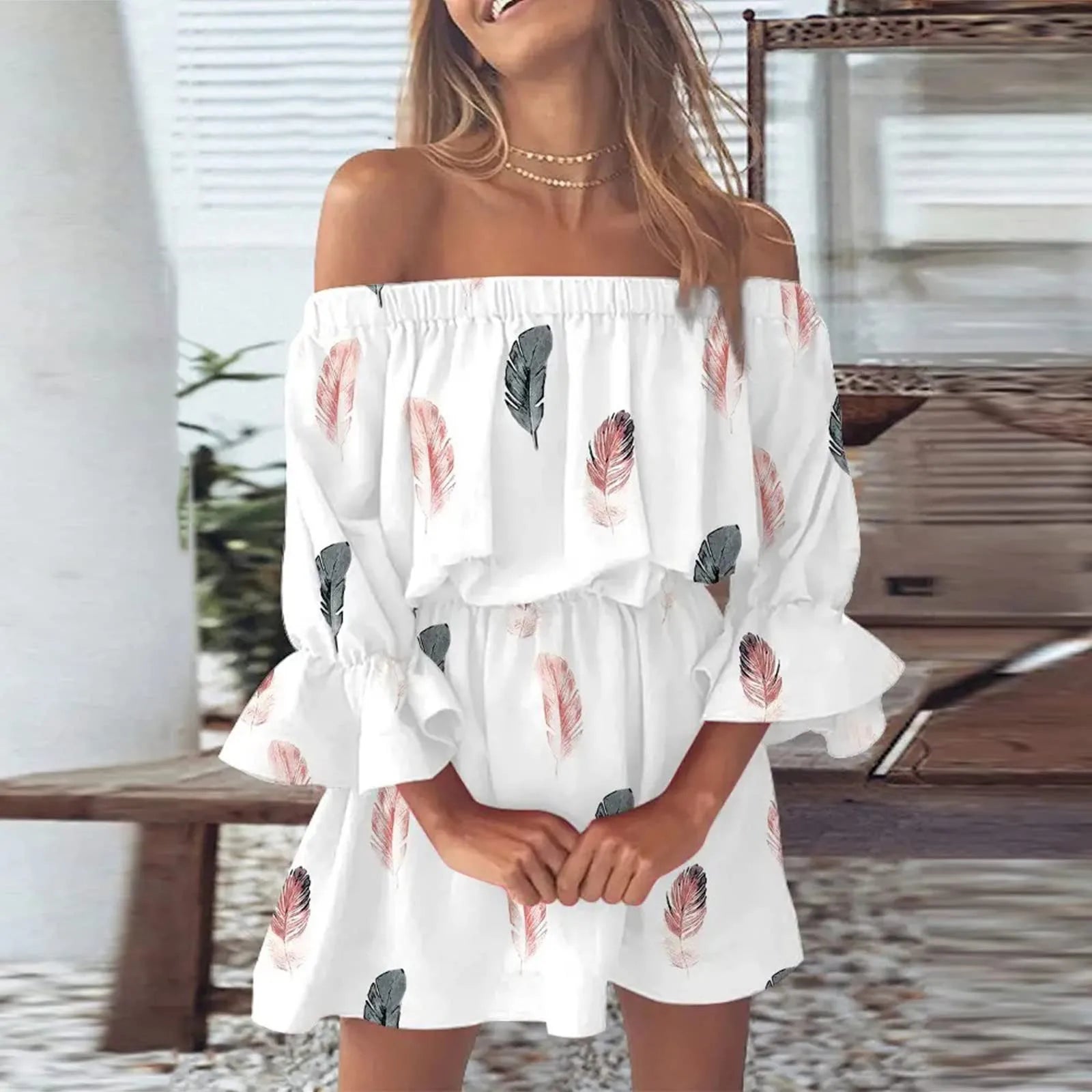 2024 Summer Dresses For Women Sexy Off Shoulder Mini Sundresses Beach Casual Loose Fit Bell Sleeve Mini Floral Dress Women's