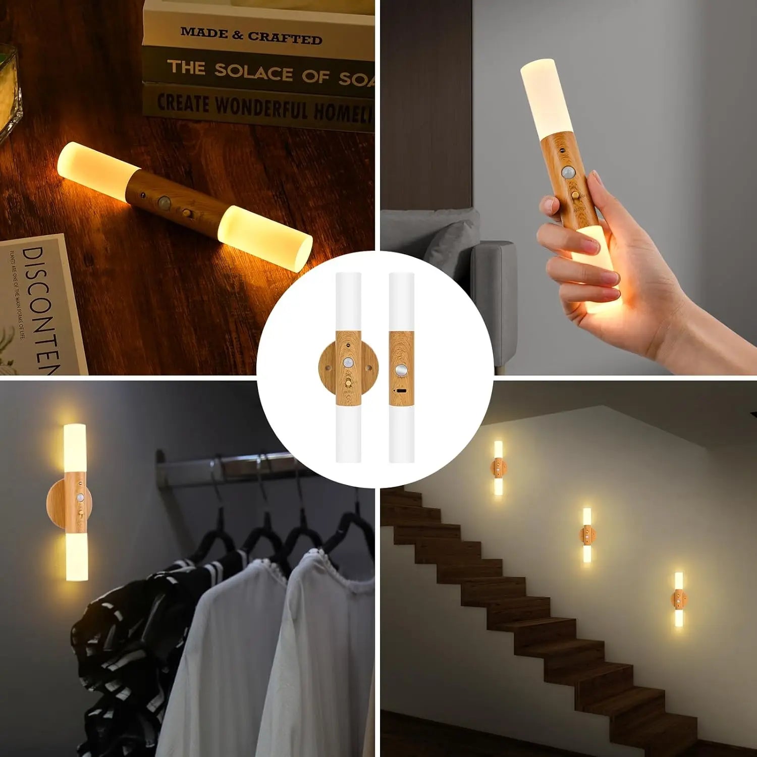 2PCS Motion Sensor Induction Night Light Indoor, USB Rechargeable Wooden 700mah LED Wall Lamp for Bedroom Hallway Staircase