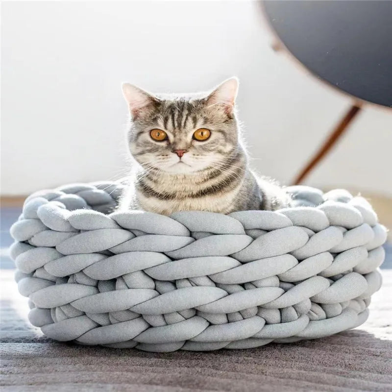 New Hand Woven Cat Nest Soft Shaggy Mat Indoor Dog Cat Bed Round Cat Cushion Warm Cat Sleep Basket Cat Kennel For Small Dog Cat