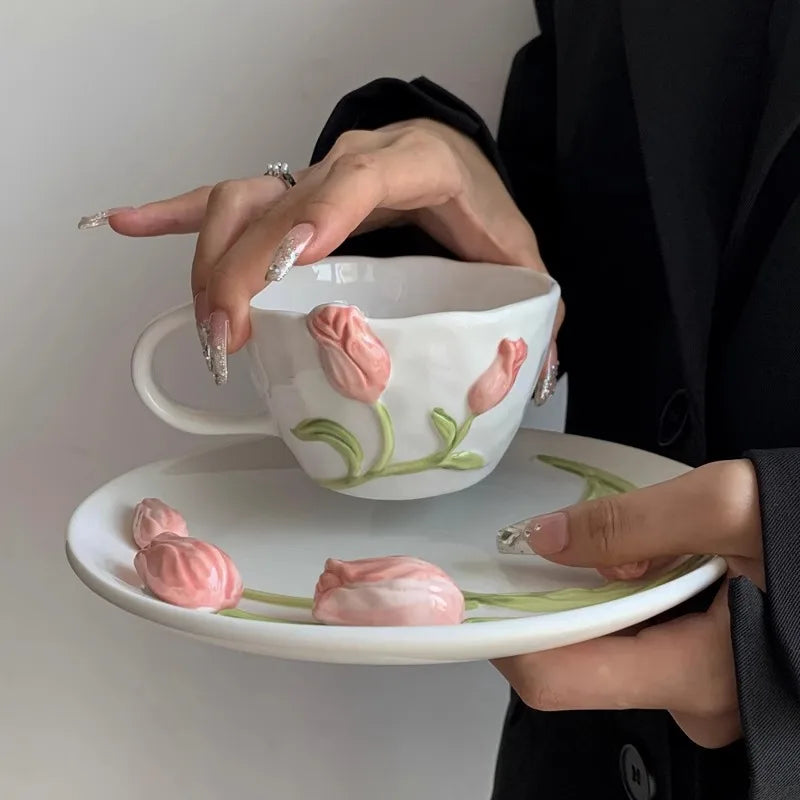 European Relief Ceramic Tulip Cup Afternoon Tea Dessert Pastry Tea Cup Painted Flowers Coffee Mug Couple's Water Cup Café Teapot