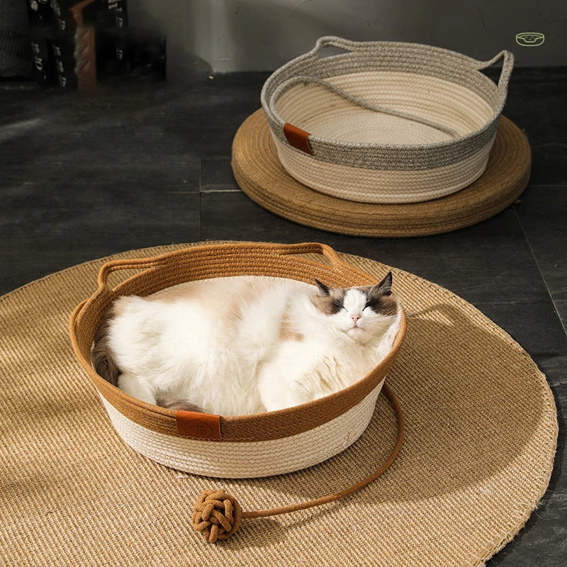 Kimpets Cat Bed Pet Nest Pure Manual Rattan Woven Cattailgrass Cat Scratch Board Removable Washable Winter Warm Pad All-Season