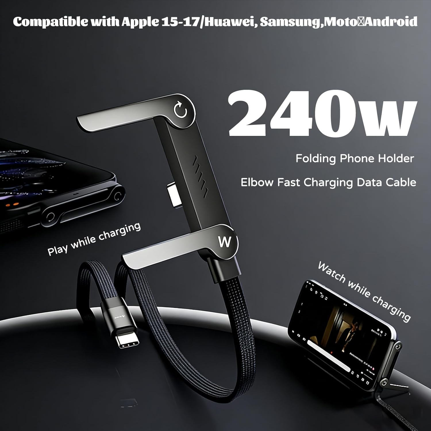 2026 New Sideways Phone Charger, 240w Fast Charging Stand Data Cable with Bendphone Accessories 5 FT with Type C Multi-Angle Adjustable Stand, for Smartphones Tablets Laptops