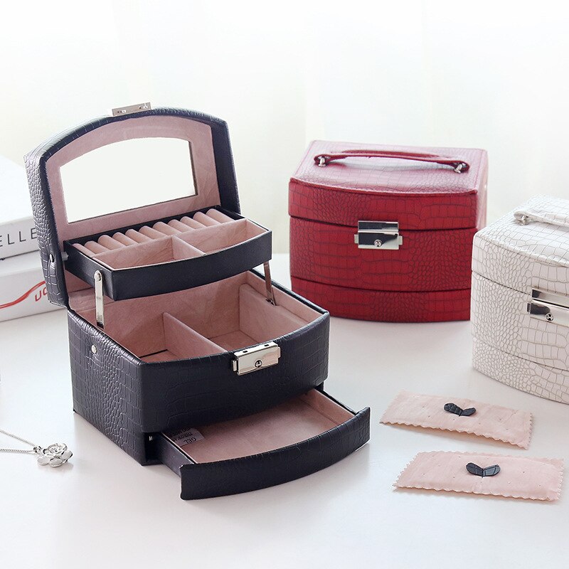 2022 High-Quality Best Selling European Large Capacity Three Layers Jewelry Box/ Leather Box with Lock and Mirror/ Wedding Gift