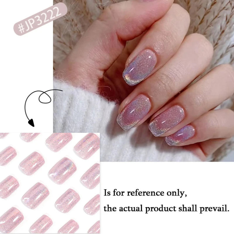 Nude Pink Glitter Cat Eye Nail Art Wearable Solid Color Fake Nails Detachable Finished False Nails Press on Nails with Glue