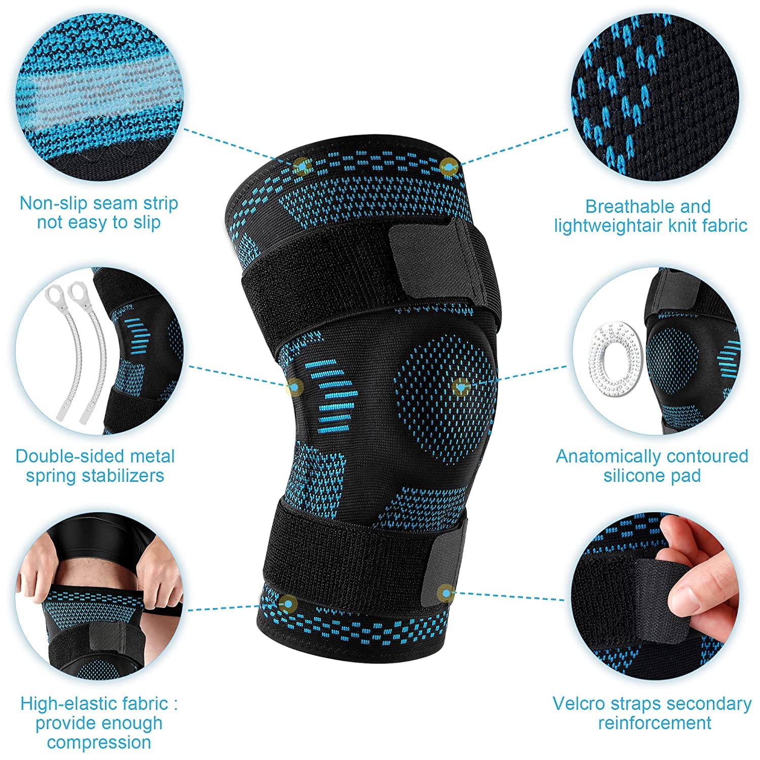 Sports kneepads for knee pain relief, tear damage recovery, with side stabilizers, patella support gel, compression sleeve
