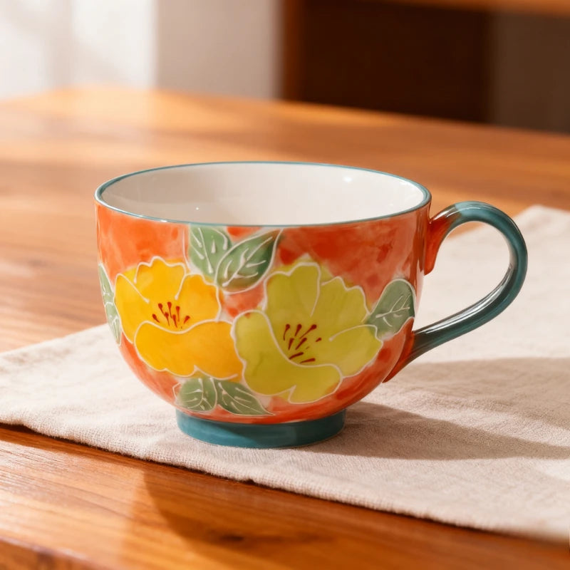 Embossed pure hand-painted ceramic cup beautiful large capacity breakfast cup high value flower tea cup milk oatmeal cup