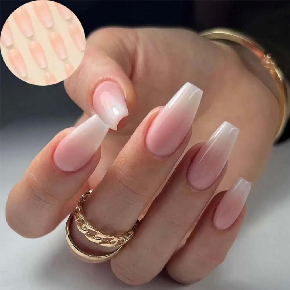 24pcs White Gradient Fake Nails Long Ballet French False Nail Press on Nails Waterproof Faux Fingernails Finished Patch