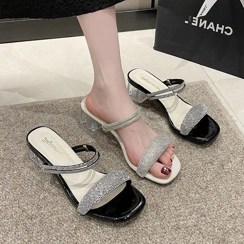 Women's Summer Slippers, 2024 New Non-slip Wear Thick Heel Flip-flops Diamond High Heels Sandals, Beach Fashion Flip-flops