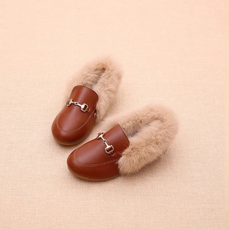 Kids Shoes Girls Shoes Winter Warm Fur Girls Loafers PU Leather Girls Dress Shoes Princess Shoes Flats Girls Kids