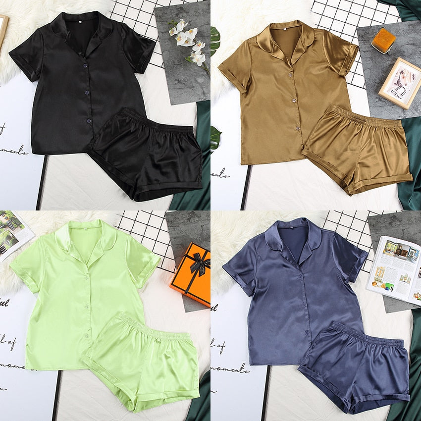 Solid Satin Sleepwear Silk Pajamas Set Top And Shorts Two Piece Set Pyjamas Women Pajama Short Sleeve Home Suit Casual