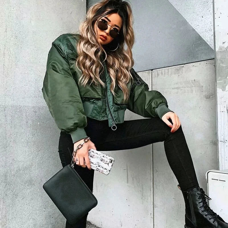 2024 stylish lady autumn winter merodi  green short jackets women fashion long sleeve zipper bomber jacket outwear women's coat