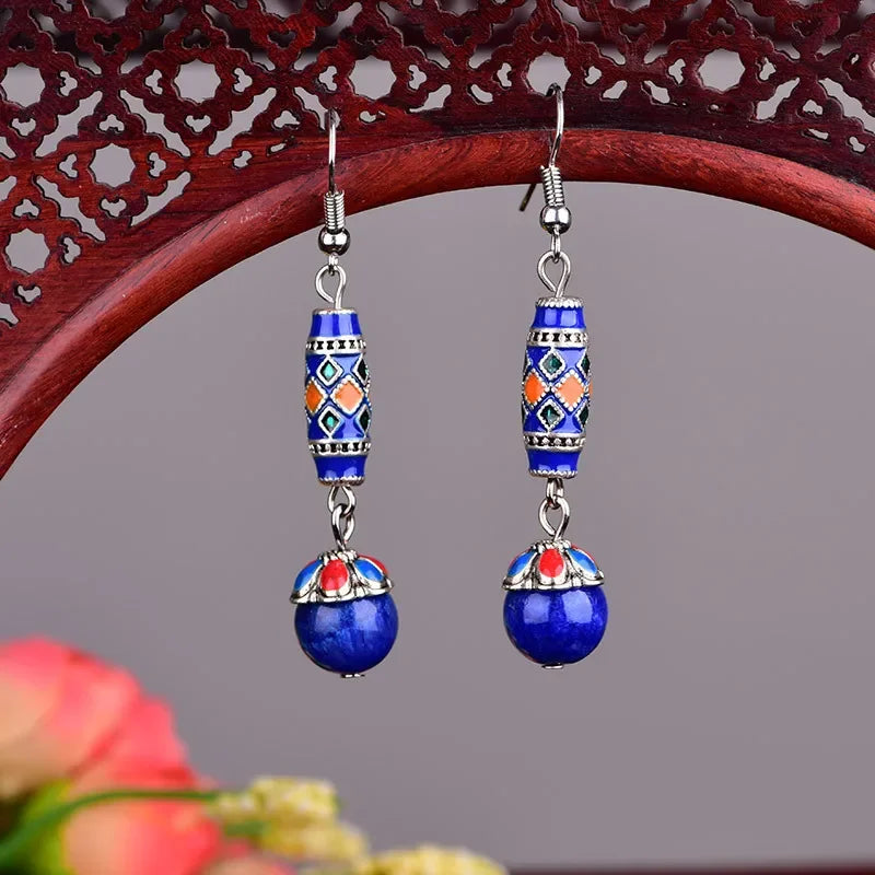 Blue Jade Beaded Earrings Chalcedony Fashion Gift Designer Women Drop Jewelry Talismans 925 Silver Gemstone Natural Carved