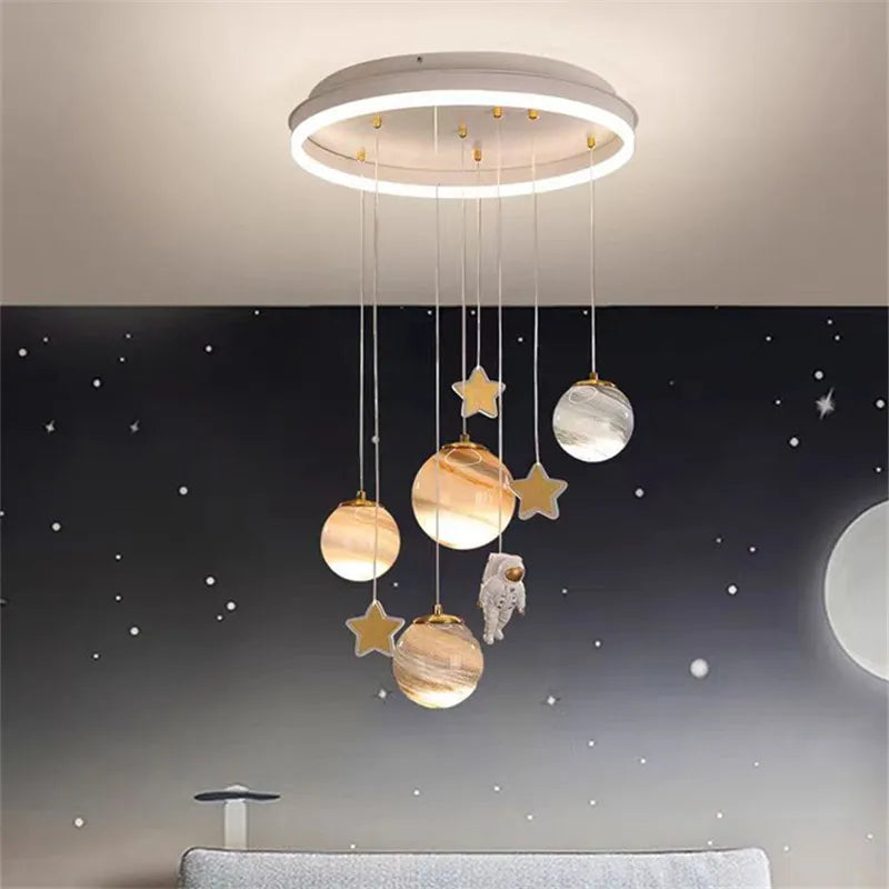 Round kids ceiling Chandelier planet ball spaceman lamp for Children's Room Living Room bedroom decor catron Moon stars Lamp