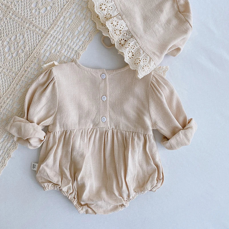 Infant Baby Girl Bodysuits+Hat Cotton Flower Embroidery Long Sleeve