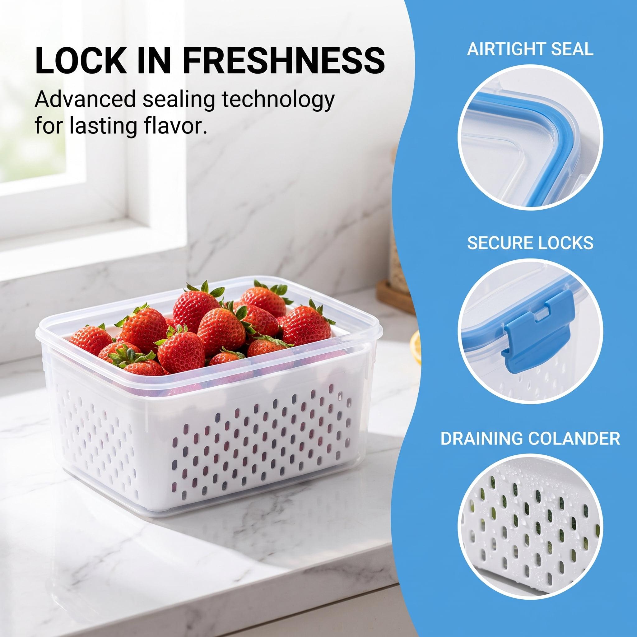 Fruit Storage Containers for Fridge, Removable Colander, Airtight Produce Saver, Dishwasher Safe Berry Keeper, 3 Sizes with Lids(3-Piece Set,Blue)