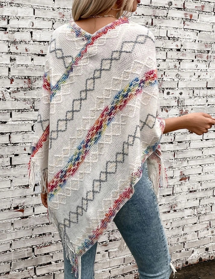 Elegant Women's Cloak Sweater Rainbow Stripe Tassel Knitted Cotton Shawl Versatile Scarf Urban Women's Autumn Warm Travel Shawl