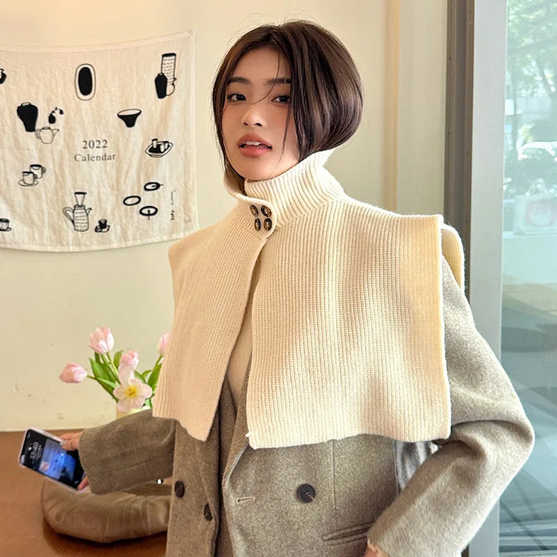 Poncho Cloak Button Solid Color Knitted Outer Layer Shawl Women's Autumn and Winter Shoulder Scarf Fake Collar Cape