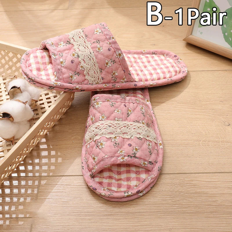 Women Indoor Cotton Slippers Japanese Floral Bedroom Carpet Slippers Soft Toe Sole Slippers Non-Slip Home Bedroom Slippers