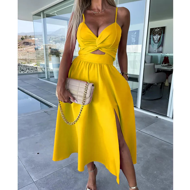 Women Sexy V-neck Backless Sling Dress Summer Fashion Twist Design Hollow Out Long Dress Casual Sleeveless Solid Big Hem Dresses