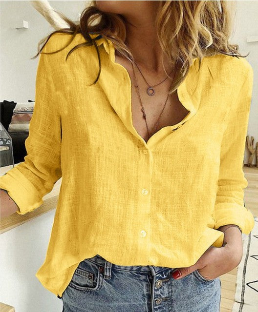 Leisure White Yellow Shirts Button Lapel Cardigan Top Lady Loose Long Sleeve Oversized Shirt Womens Blouses Casual Tunic Blusas