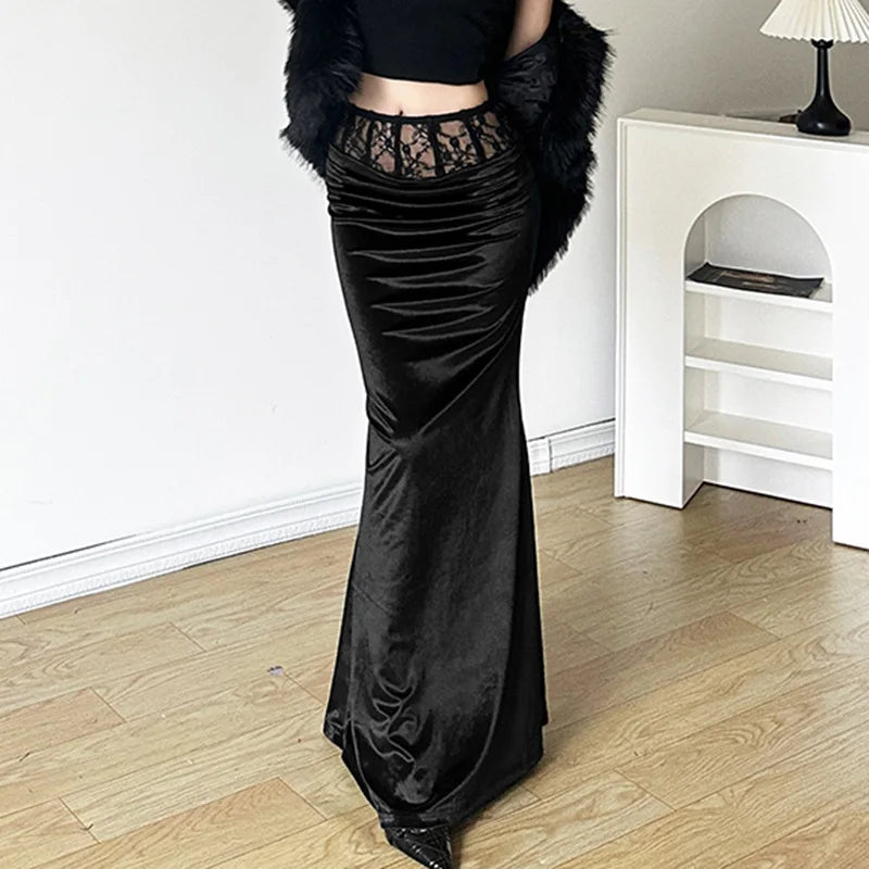 Goth Dark Elegant Mall Gothic Velvet Trumpet Skirts Y2k Partywear Lace Patchwork Sexy Long Skirt Ladies Evening Black Slim Cloth