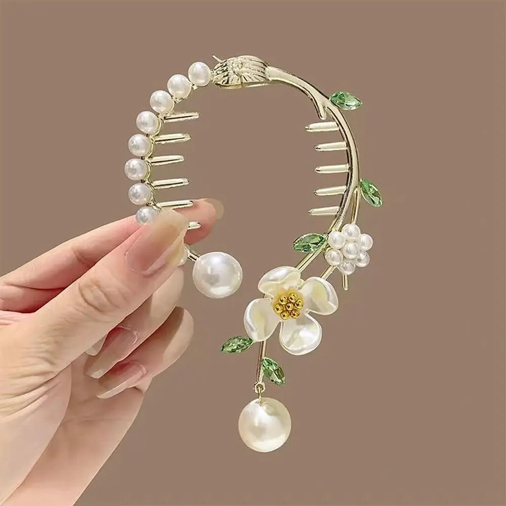 Elegant Retro Meatball Hair Clasp Clip Floristic Pearl Chain Tassels Hair Claw Ponytail Hairpins Women