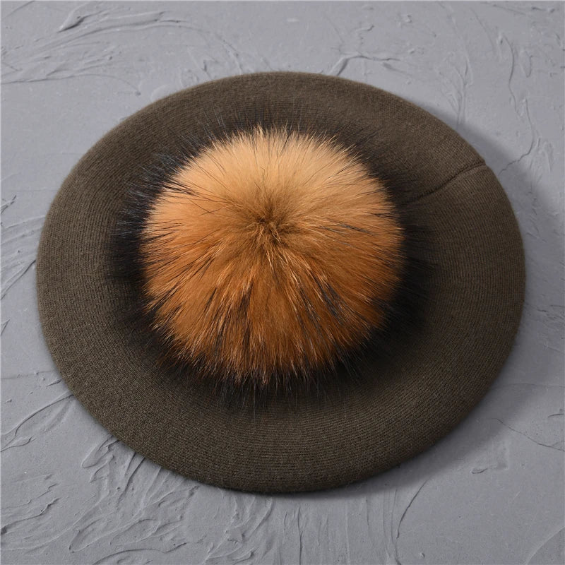 Jaxmonoy Winter Female Beret Women Hat Big Real Raccoon Fur Pompom Beret Wool Cashmere Natural Fur Ball Fashion Beret Cap Female