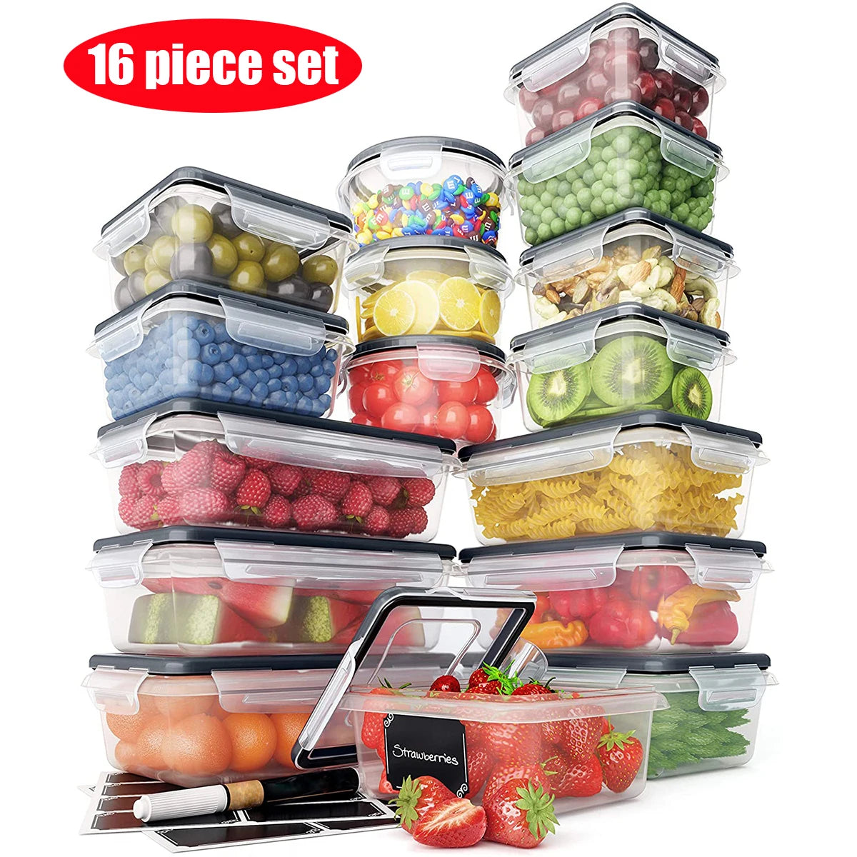 16-Piece Food Storage Container Set, Airtight Plastic Containers for Pantry and Kitchen Organization - BPA-Free Lunch Containers