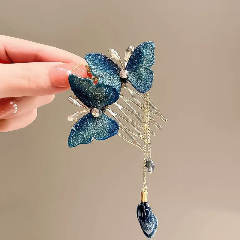 Dark Blue Butterfly Hair Comb Clip Chinese  Ancient Hairpin for Women Bamboo Flower Leaf Designer Tassel Hair Clips Styling Tool