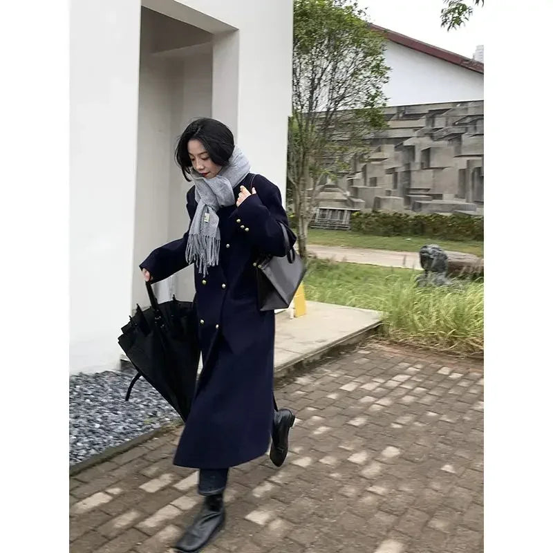 New British Style Navy Blue Woolen Coat Women Jackets Winter Clothes Double breasted Mid Length Wool Suit Jackets Women Clothing